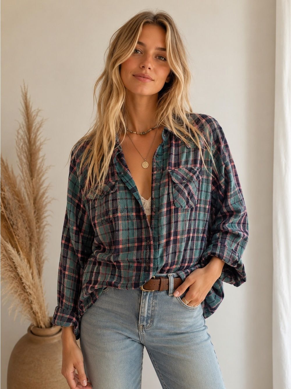 Anthropologie Love, Fire Teal and Pink Plaid Shirt